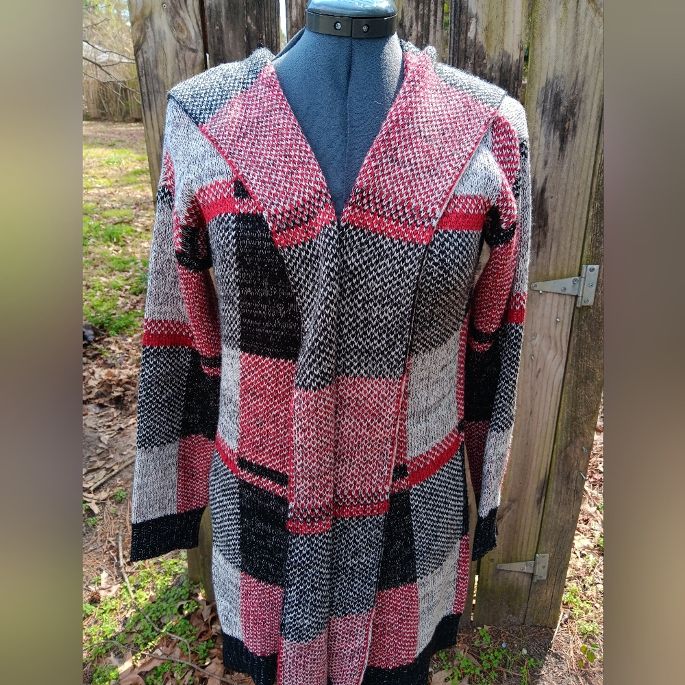ABSOLUTELY FAMOUSE Plaid Open Front HOODED Cardigan S